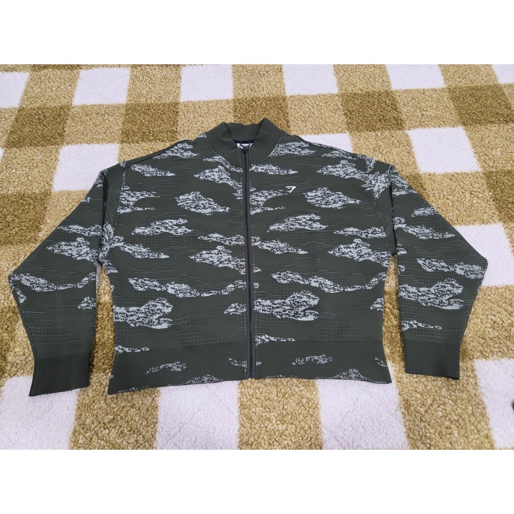 Gymshark Womens XL Seamless Full Zip Jacket Green Camo Knit B3A9G Athleisure